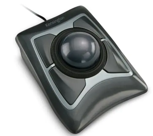 Kensington Expert wired trackball mouse with a large silver ball and detachable wrist rest.