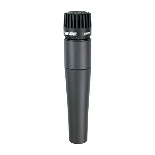 Shure SM57 black dynamic microphone on a stand