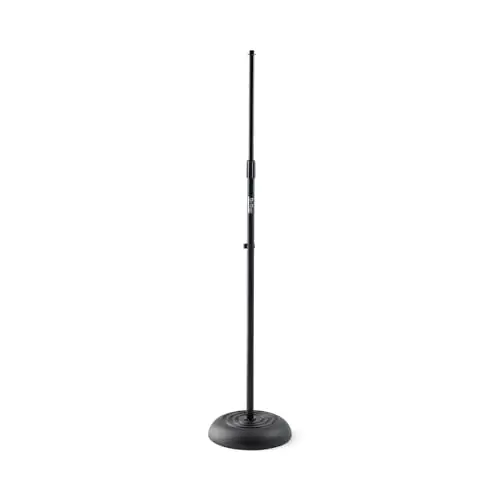 On-Stage round-base microphone stand with black finish and cable clip