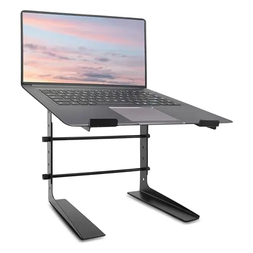 Pyle black adjustable tower-style laptop stand on a table.