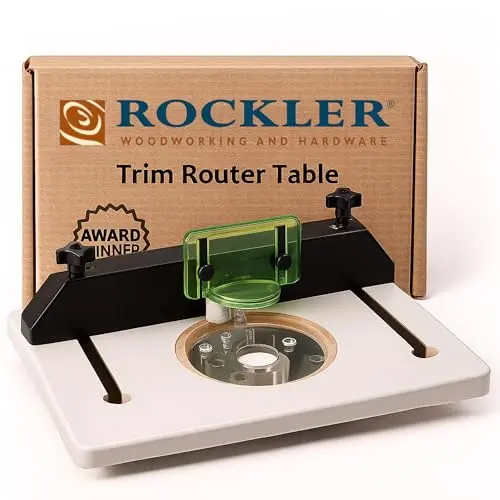 Rockler compact benchtop trim router table on a workbench
