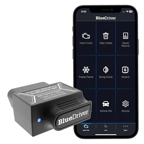 BlueDriver Bluetooth Pro OBD2 scanner with detailed repair report on a phone screen