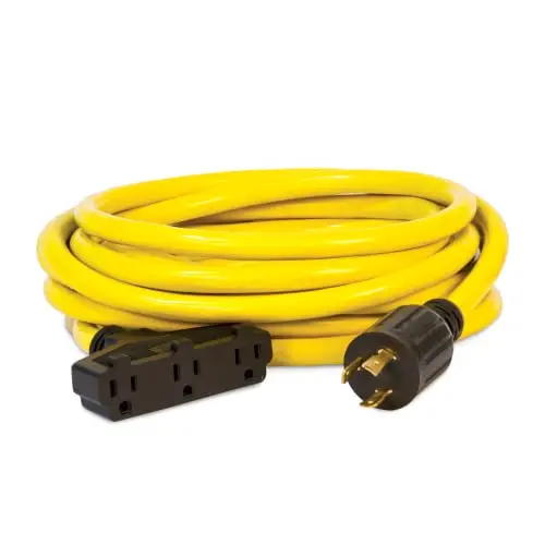 Champion 25-foot yellow 30-amp generator extension cord with a locking plug and three standard outlets