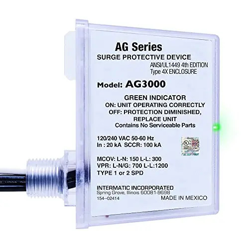 Intermatic AG3000 white rectangular HVAC surge protective device with a green LED light.