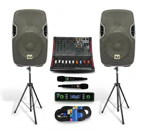 MUSYSIC portable PA system with mixer, speakers, and stands