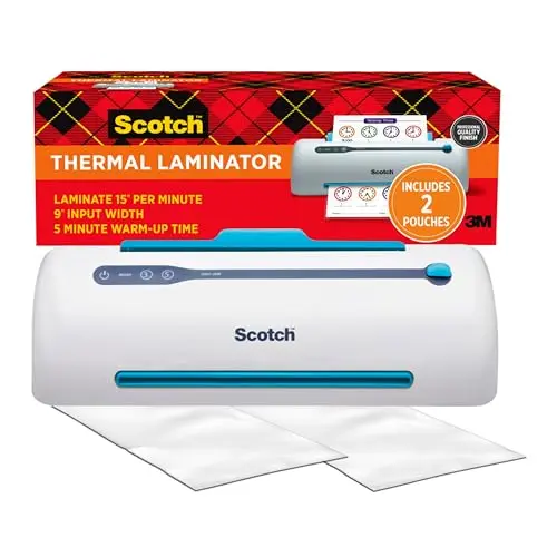 White and green Scotch PRO TL906 thermal laminator machine with included pouches