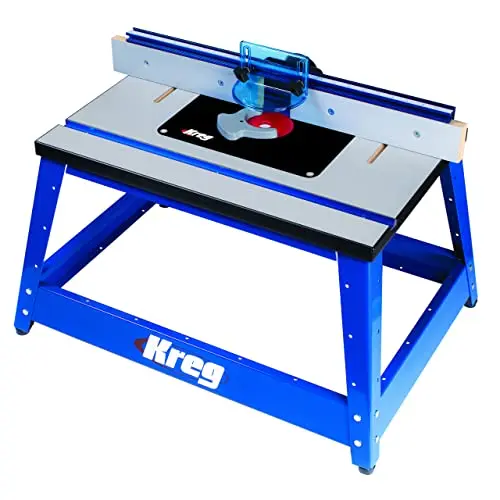 Kreg PRS2100 blue benchtop router table with detailed fence