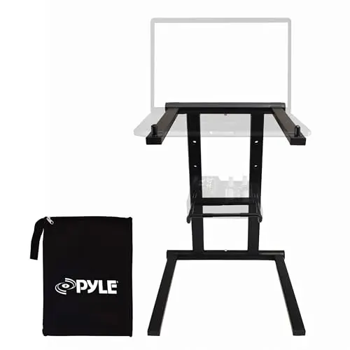 Pyle black foldable laptop stand with a secondary sliding accessory tray.