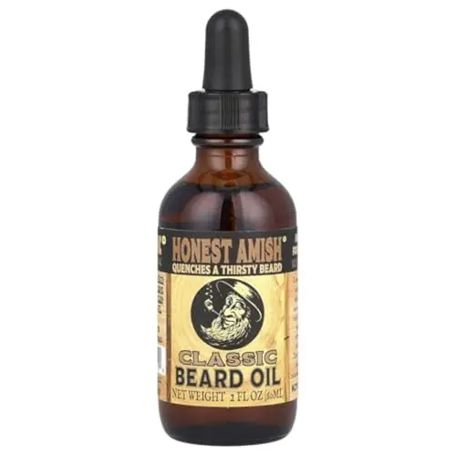 Honest Amish Classic Beard Oil in a brown glass bottle with a dropper