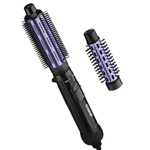 Conair 2-in-1 hot air styler with two brush attachments on a white background
