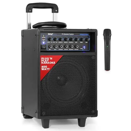 Pyle portable PA speaker system on wheels with a handle and microphone.