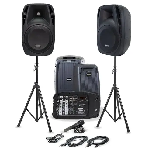 Gemini portable PA speaker system with mixer and stands