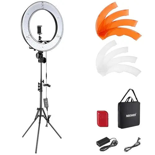NEEWER 18-inch professional LED ring light on a tall stand with phone holder
