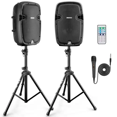 Pyle pair of black PA speakers with stands