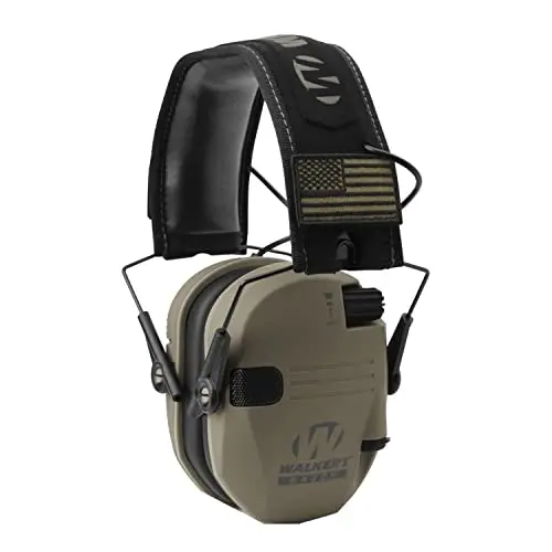 Walkers Razor Slim tan electronic shooting earmuffs folded on a table