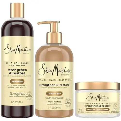 SheaMoisture Jamaican Black Castor Oil shampoo, conditioner, and leave-in conditioner set for hair growth and repair