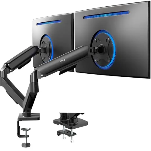 VIVO STAND-V002O dual monitor arm with mechanical springs on a wooden desk.