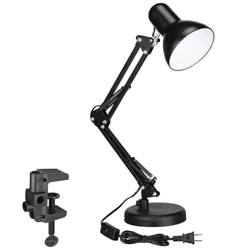 TORCHSTAR black gooseneck metal desk lamp with a weighted base and a clamp attached to a desk edge.