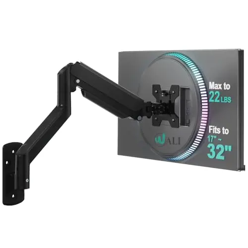 WALI black gas spring monitor wall mount arm in a tilted position