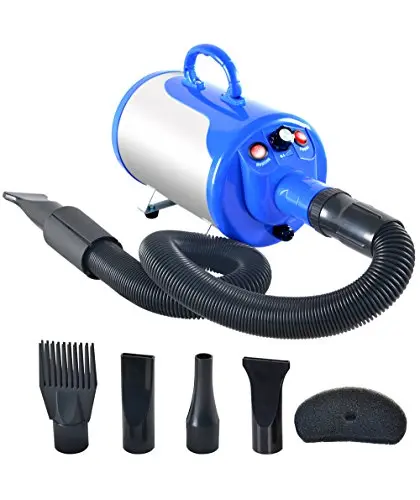 SHELANDY blue pet hair dryer with hose and multiple nozzle attachments