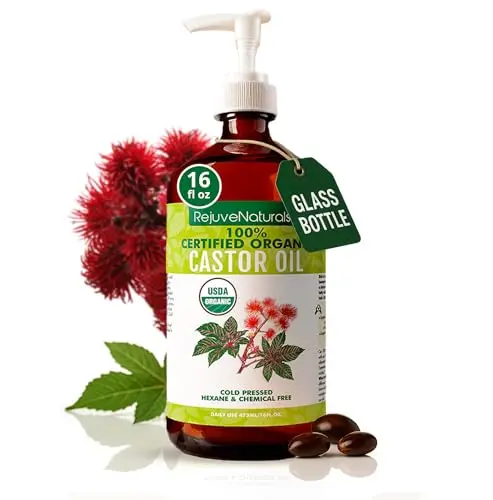 RejuveNaturals USDA Certified Organic Castor Oil in a large glass bottle
