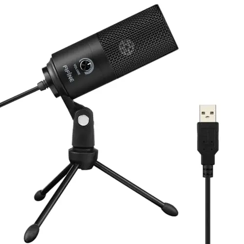 FIFINE K669B all-metal USB condenser microphone on a small tripod stand.
