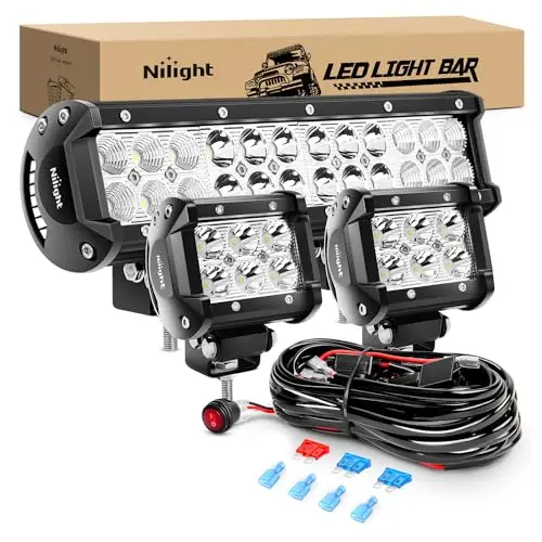 Nilight 12-inch LED light bar with two cube pod lights and wiring harness