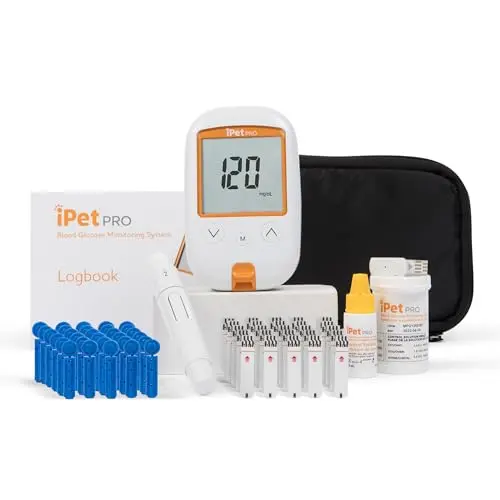 iPet PRO blood glucose monitoring system starter kit for dogs and cats with meter, strips, lancets, and case.