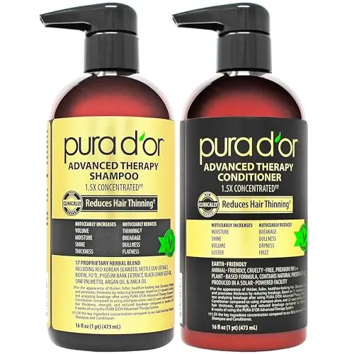 PURA D'OR Advanced Therapy Biotin Shampoo & Conditioner set with gold and white bottles