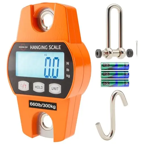 Modern Step orange digital hanging scale with stainless steel hook.