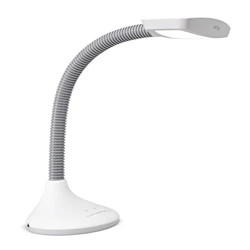 Verilux gooseneck desk lamp with a white base and shade, featuring a touch control panel and USB port.