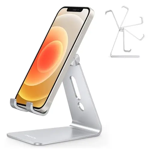 OMOTON silver aluminum adjustable phone stand on a desk