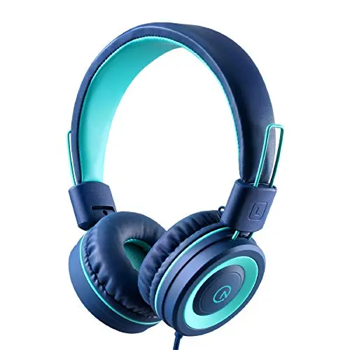 Navy and teal foldable on-ear headphones for kids with a braided cable