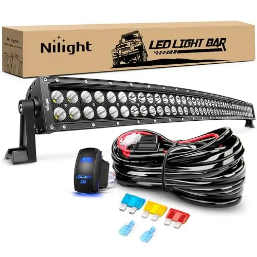 Nilight 42-inch curved black LED light bar with a 5-pin rocker switch and wiring kit.