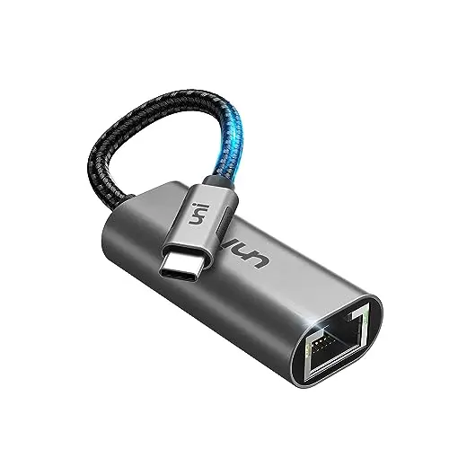 uni USB-C to Gigabit Ethernet adapter with grey braided nylon cable.