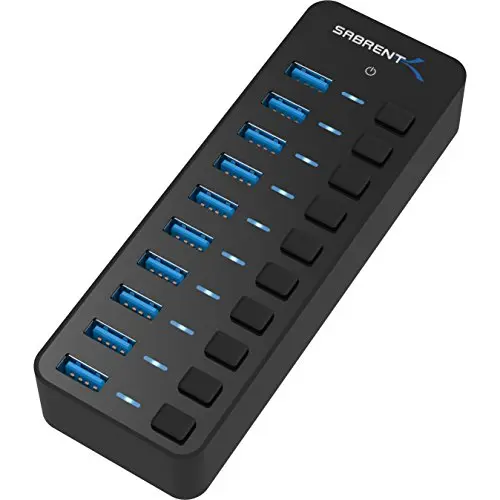 SABRENT 10-Port USB 3.0 Hub with individual power switches on a studio desk