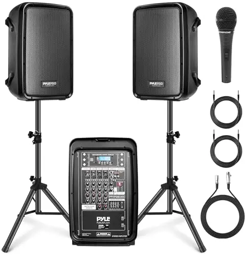 Pyle PA speaker and mixer bundle with tripod stands