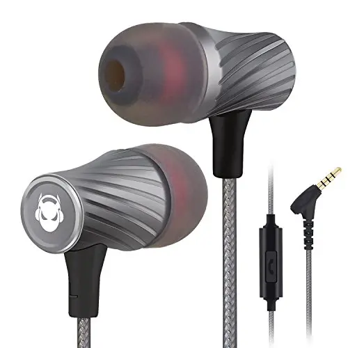 MINDBEAST silver wired earbuds with microphone and lightweight cable.