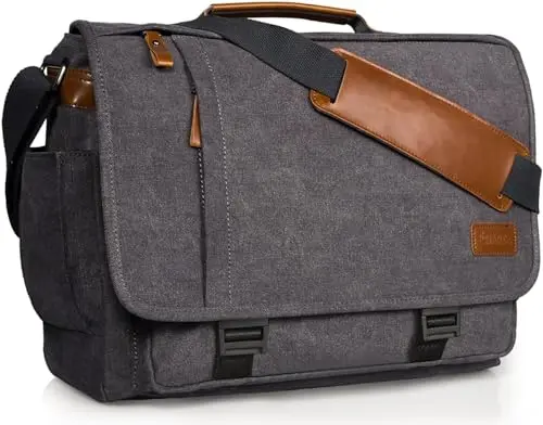 ESTARER grey canvas messenger bag with multiple front flaps and pockets