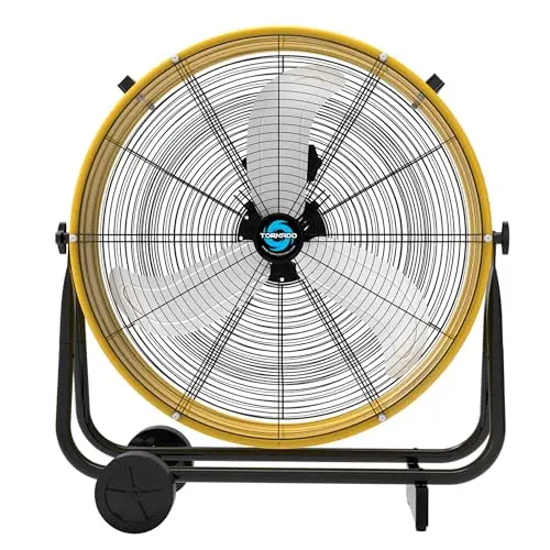 Tornado 24 inch yellow industrial drum fan with metal grille and wheels