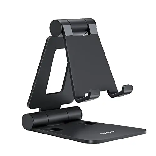 Nulaxy black foldable aluminum phone stand in open and closed positions
