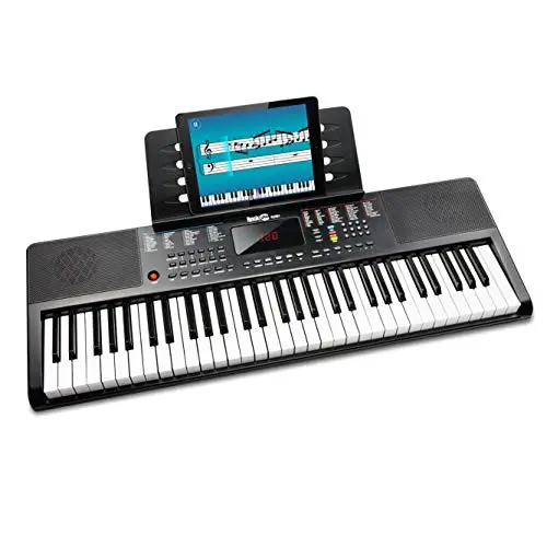 RockJam 61-key black compact keyboard piano on a stand