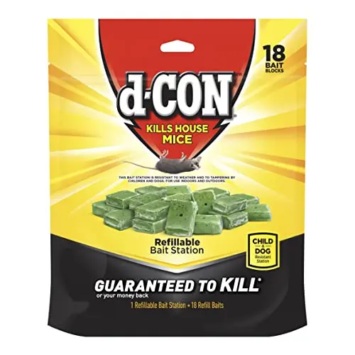 D-CON refillable mouse bait station with bait blocks, showing compact design