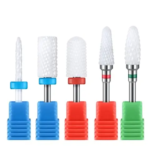 MelodySusie set of five white ceramic nail drill bits with different shapes