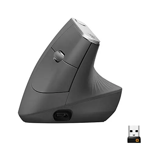 Logitech MX Vertical ergonomic mouse in graphite finish, shown at a 57-degree angle.