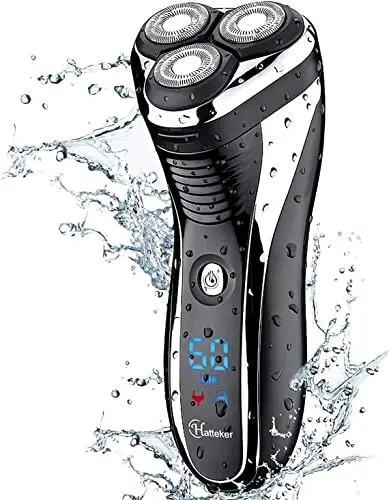 Hatteker black rotary electric shaver with LCD display and pop-up trimmer