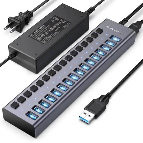 ACASIS large 16-port aluminum USB 3.2 hub in a professional studio rack
