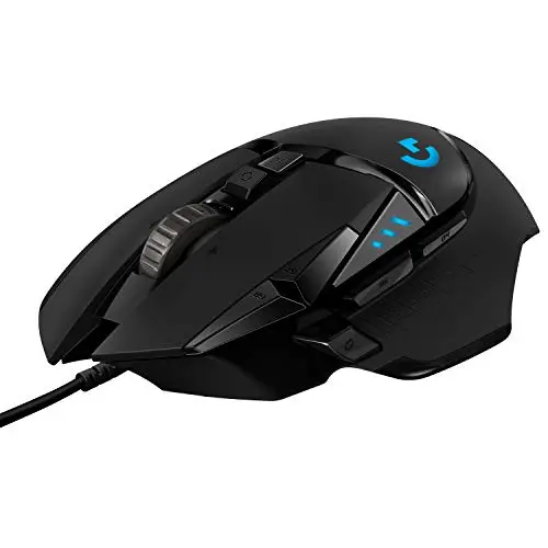 Logitech G502 HERO wired gaming mouse with adjustable RGB lighting and weights