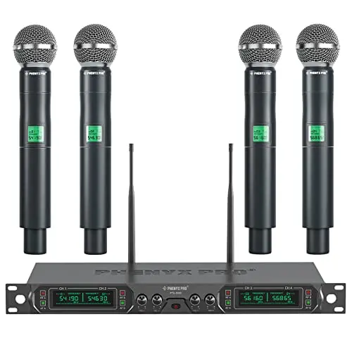 Phenyx Pro PTU-5000-4H 4-channel UHF wireless microphone system with four handheld microphones.