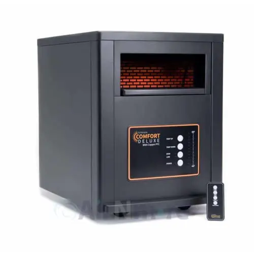 Airnmore black cabinet-style infrared space heater with a remote.